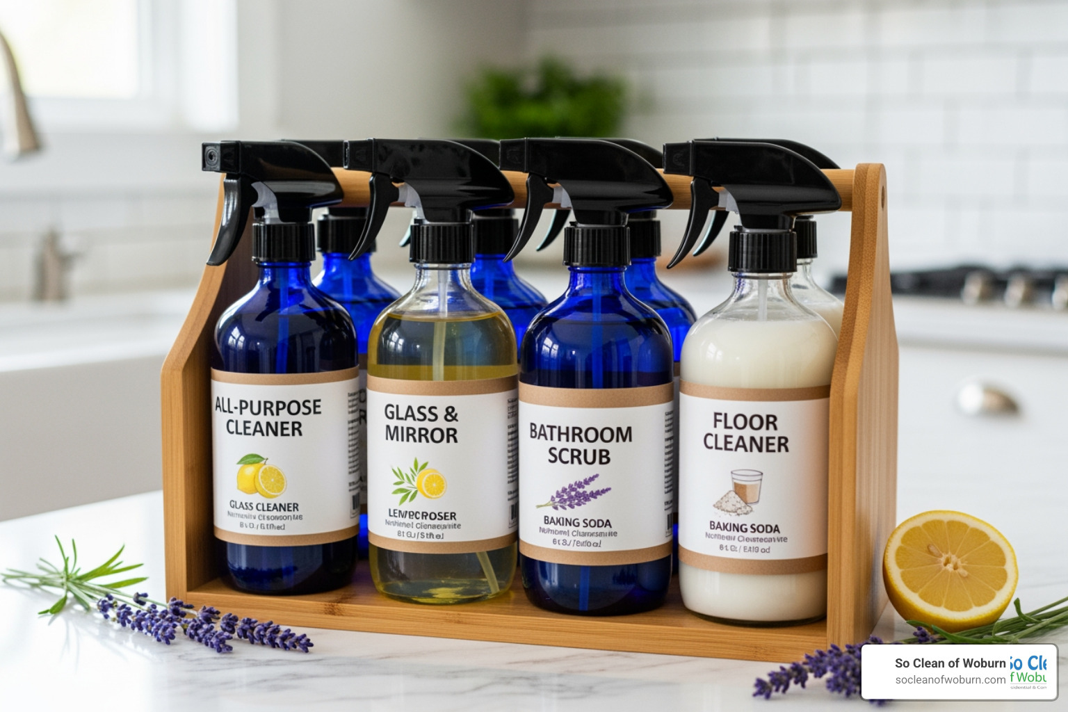 clearly labeled glass spray bottles stored safely in a cleaning caddy. - natural home cleaning