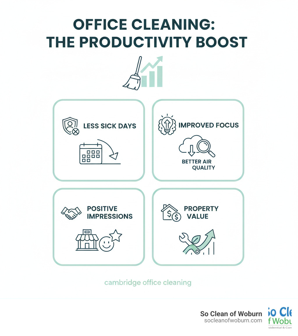 infographic showing how professional office cleaning increases employee productivity by reducing sick days, improving focus through better air quality, creating positive first impressions for clients, and protecting long-term property value through regular maintenance - office cleaning cambridge infographic 