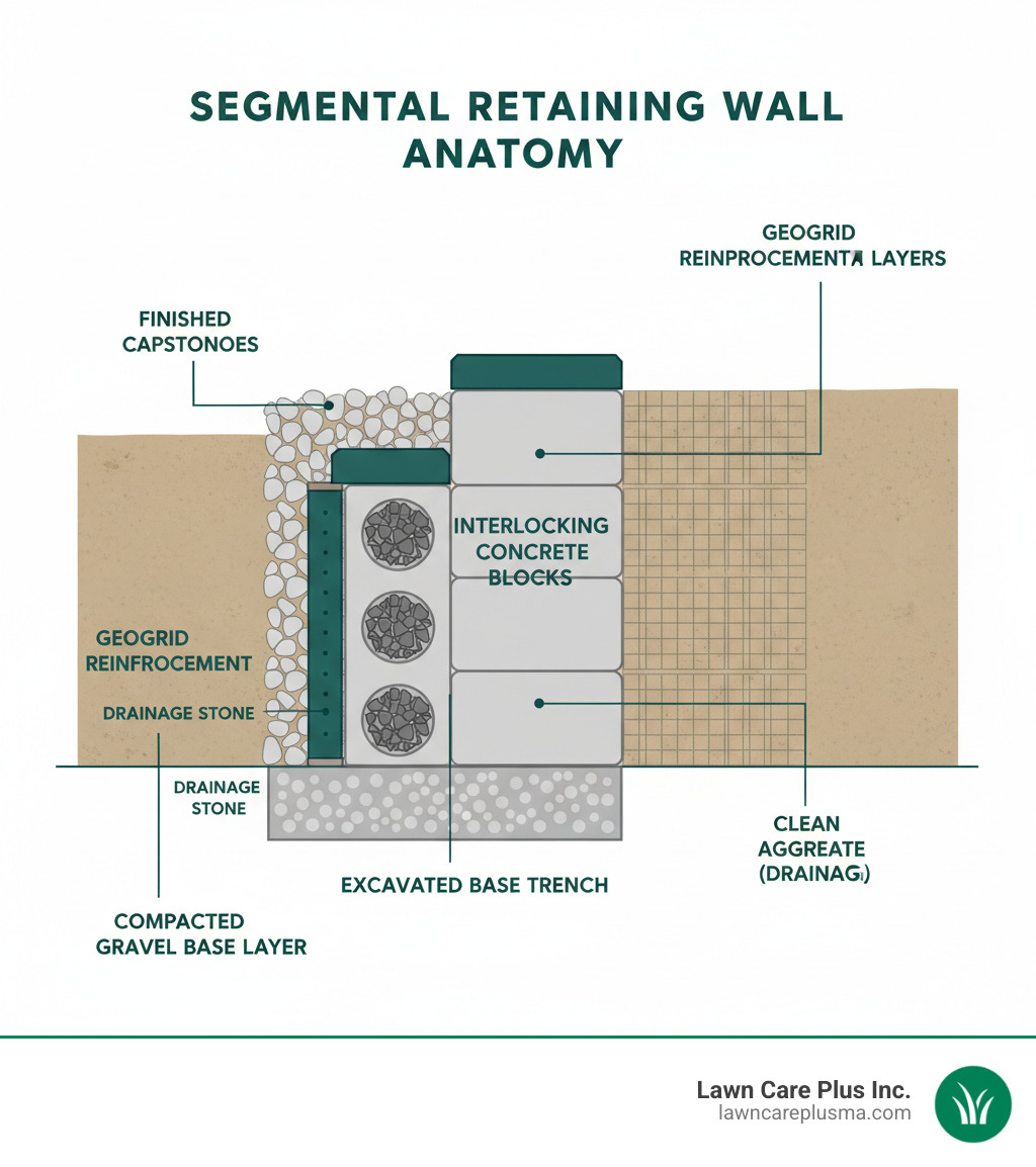 Infographic showing the anatomy of a segmental retaining wall system including the excavated base trench with compacted gravel base layer, first course of interlocking concrete blocks with hollow cores filled with drainage stone, geogrid reinforcement layers extending back into compacted backfill soil, perforated drain pipe at the base, clean aggregate directly behind blocks for drainage, and finished capstones on top - blocks for retaining wall infographic 