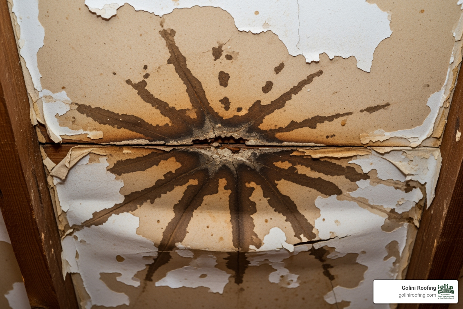 water-stained attic ceiling below a damaged roof section - broken roof shingles water-stained attic ceiling below a damaged roof section - broken roof shingles
