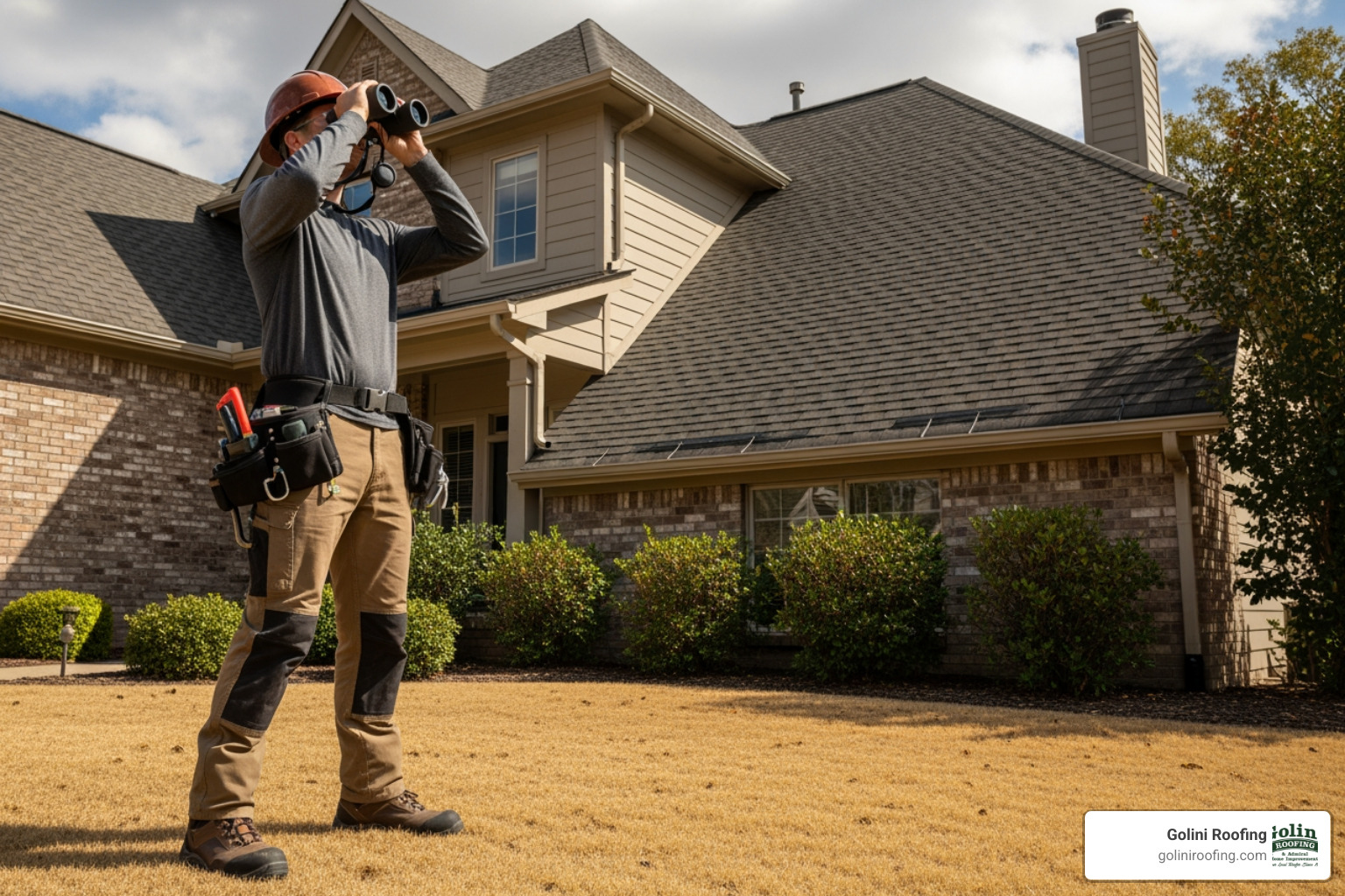 person safely inspecting a roof from the ground using binoculars - broken roof shingles person safely inspecting a roof from the ground using binoculars - broken roof shingles