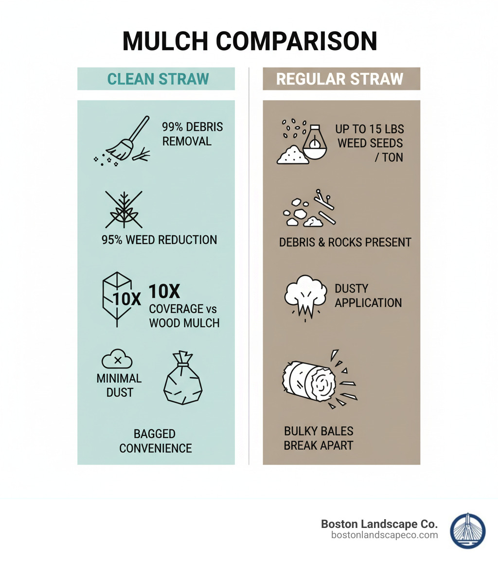 Infographic comparing clean straw mulch benefits versus regular field straw: clean straw shows 99% debris removal, 95% weed reduction, 10x coverage versus wood mulch, minimal dust, and bagged convenience; regular straw shows up to 15 lbs weed seeds per ton, debris and rocks present, dusty application, and bulky bales that break apart - clean straw mulch infographic 