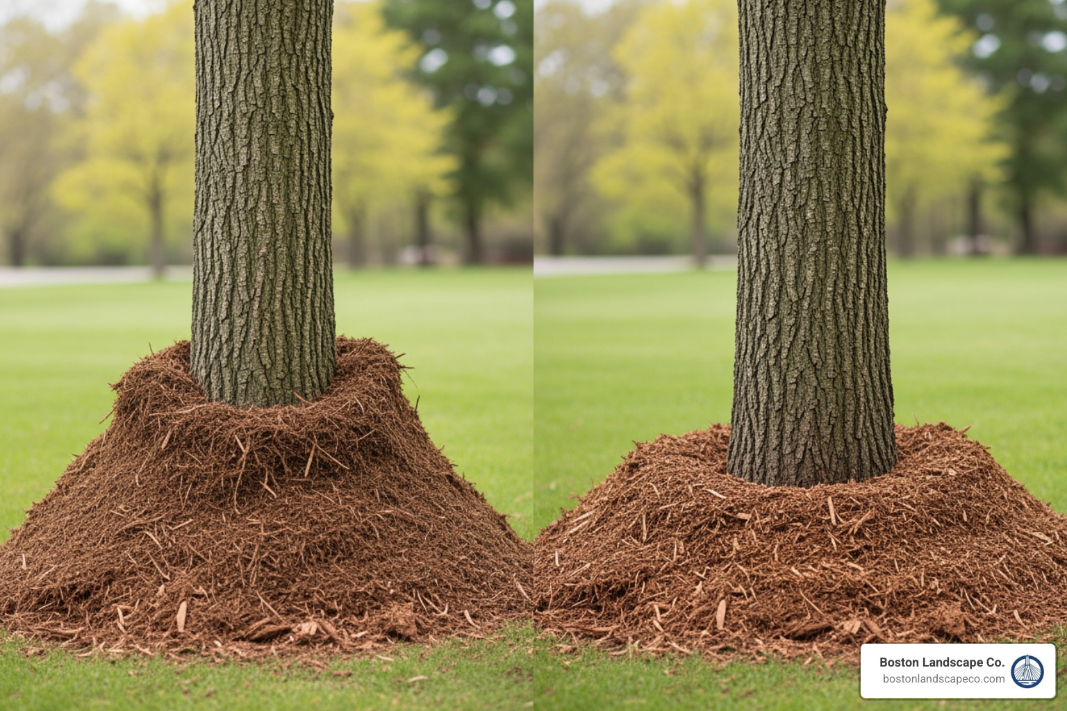 mulch volcano to avoid, with mulch pulled away from a tree trunk - clean straw mulch