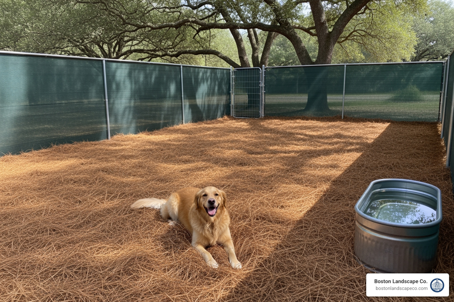 clean, comfortable outdoor dog run with pine straw bedding - clean straw mulch