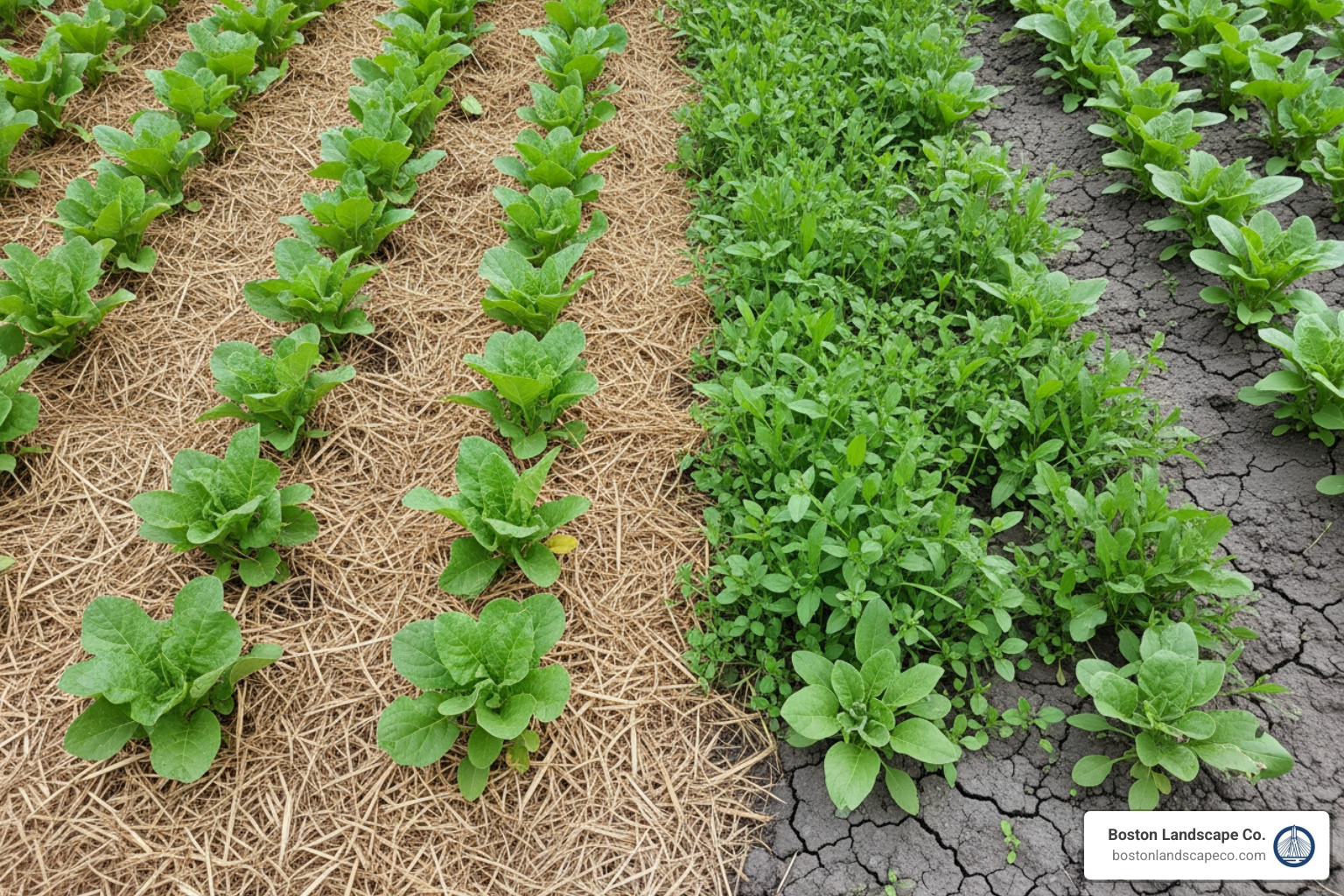 healthy, vibrant plants thriving in a bed with clean straw mulch, contrasting with a weedy, un-mulched area - clean straw mulch