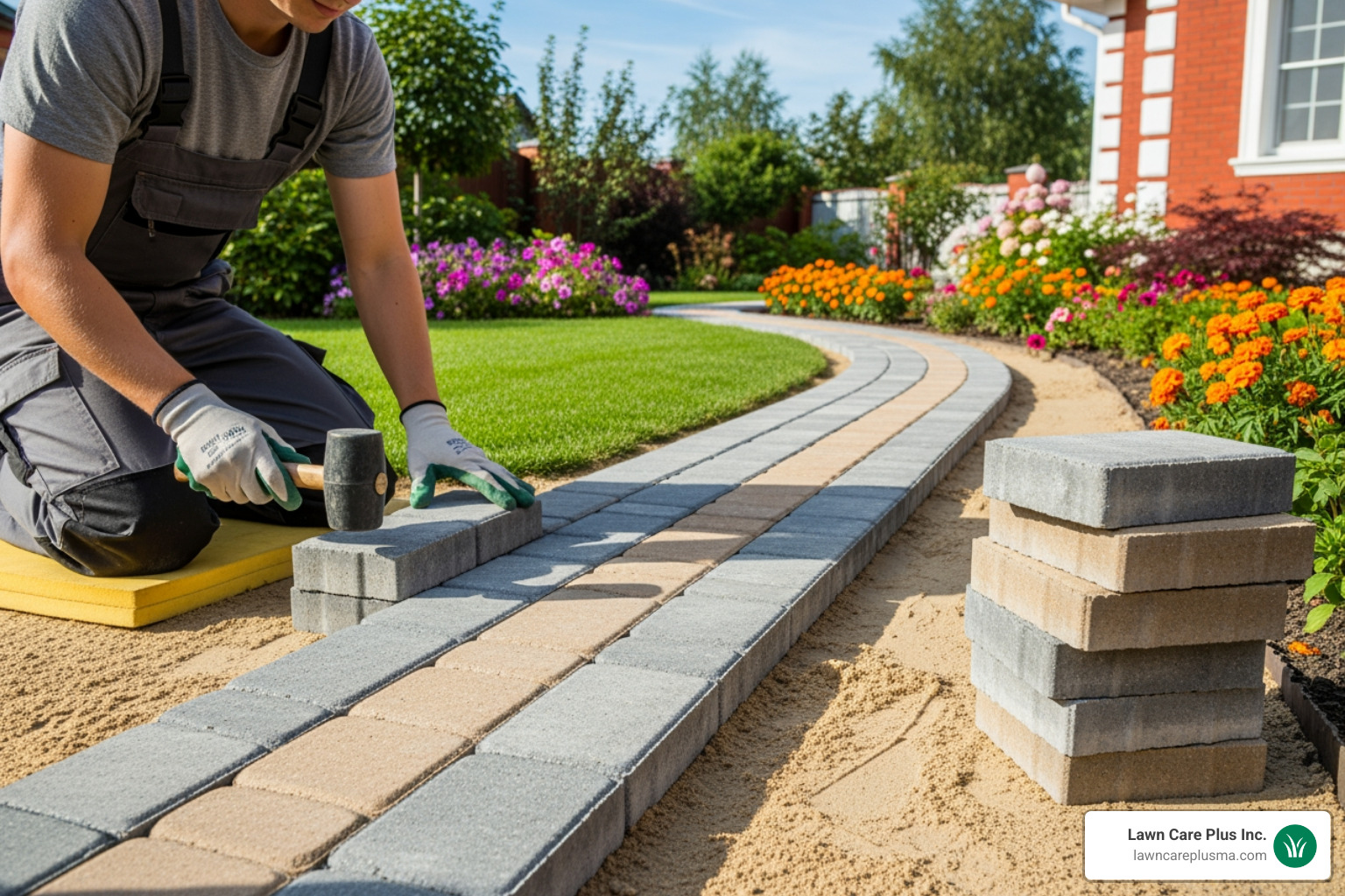 someone laying pavers in a running bond pattern - pavers walkway