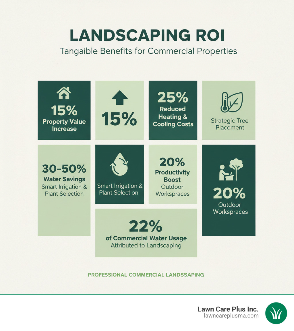 Infographic showing the tangible benefits of professional commercial landscaping: 15% increase in property value, 25% reduction in heating and cooling costs through strategic tree placement, 30-50% water savings with smart irrigation and plant selection, 20% productivity boost from varied workspaces including outdoor areas, and 22% of commercial water usage attributed to landscaping - commercial building landscape infographic 