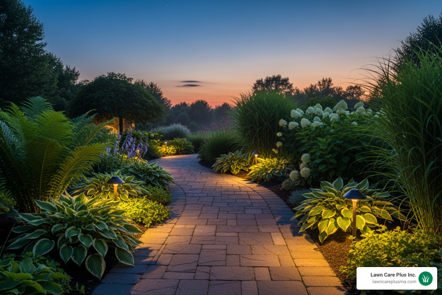 paver walkway integrated with garden beds and low-voltage lighting - pavers walkway