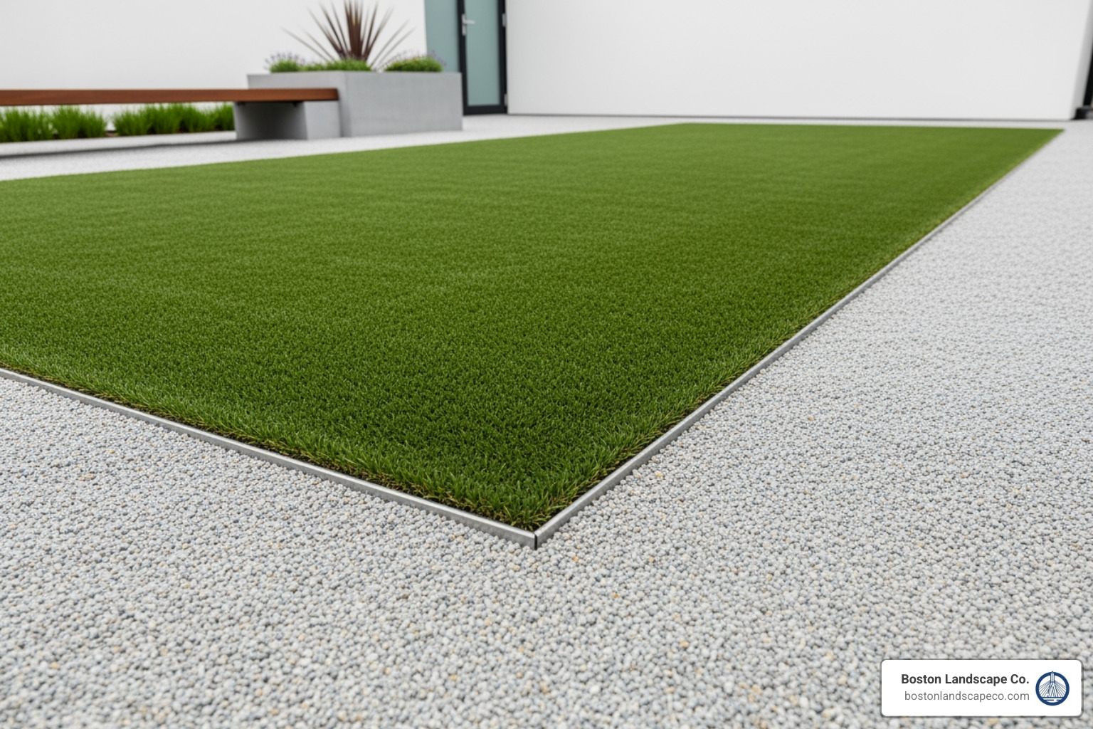 A modern landscape with sleek, almost invisible steel edging separating turf from a gravel path - artificial grass border