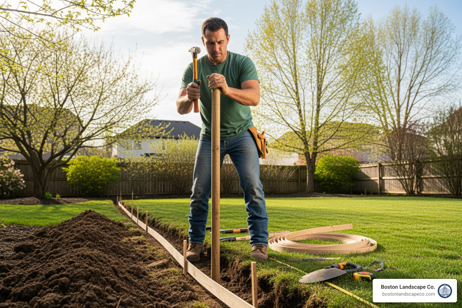 A landscaper hammering a stake to secure a bender board in a prepared trench, with spring foliage in the background - artificial grass border