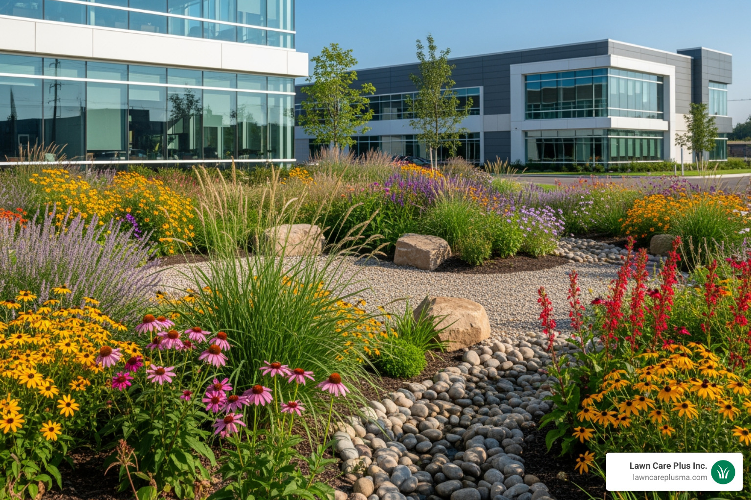 A lush rain garden on a commercial property, with native grasses and flowers - commercial building landscape