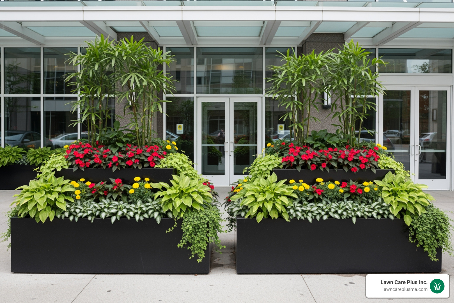 A striking commercial building entrance featuring statement planters and layered foliage - commercial building landscape