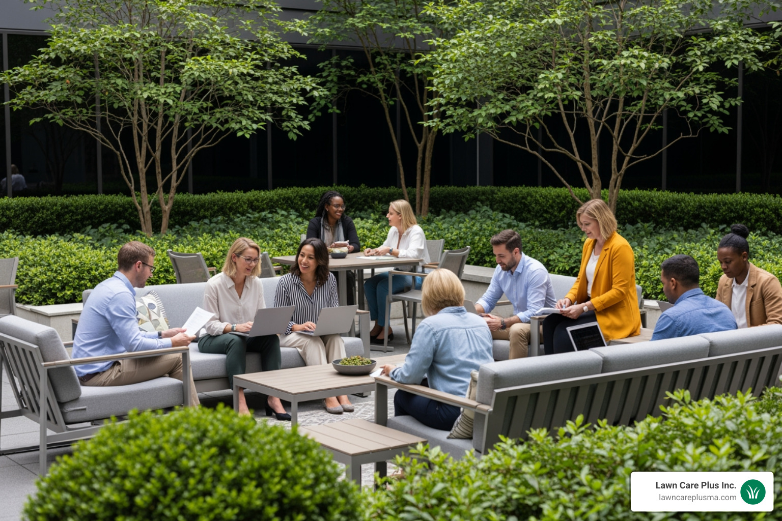 Employees collaborating in a beautifully landscaped outdoor courtyard with comfortable seating - commercial building landscape