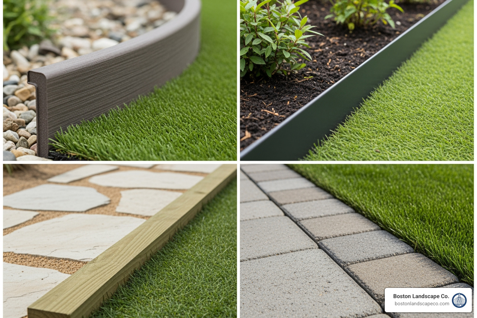 Collage showing four different border materials: composite bender board, steel edging, pressure-treated wood, and concrete pavers - artificial grass border