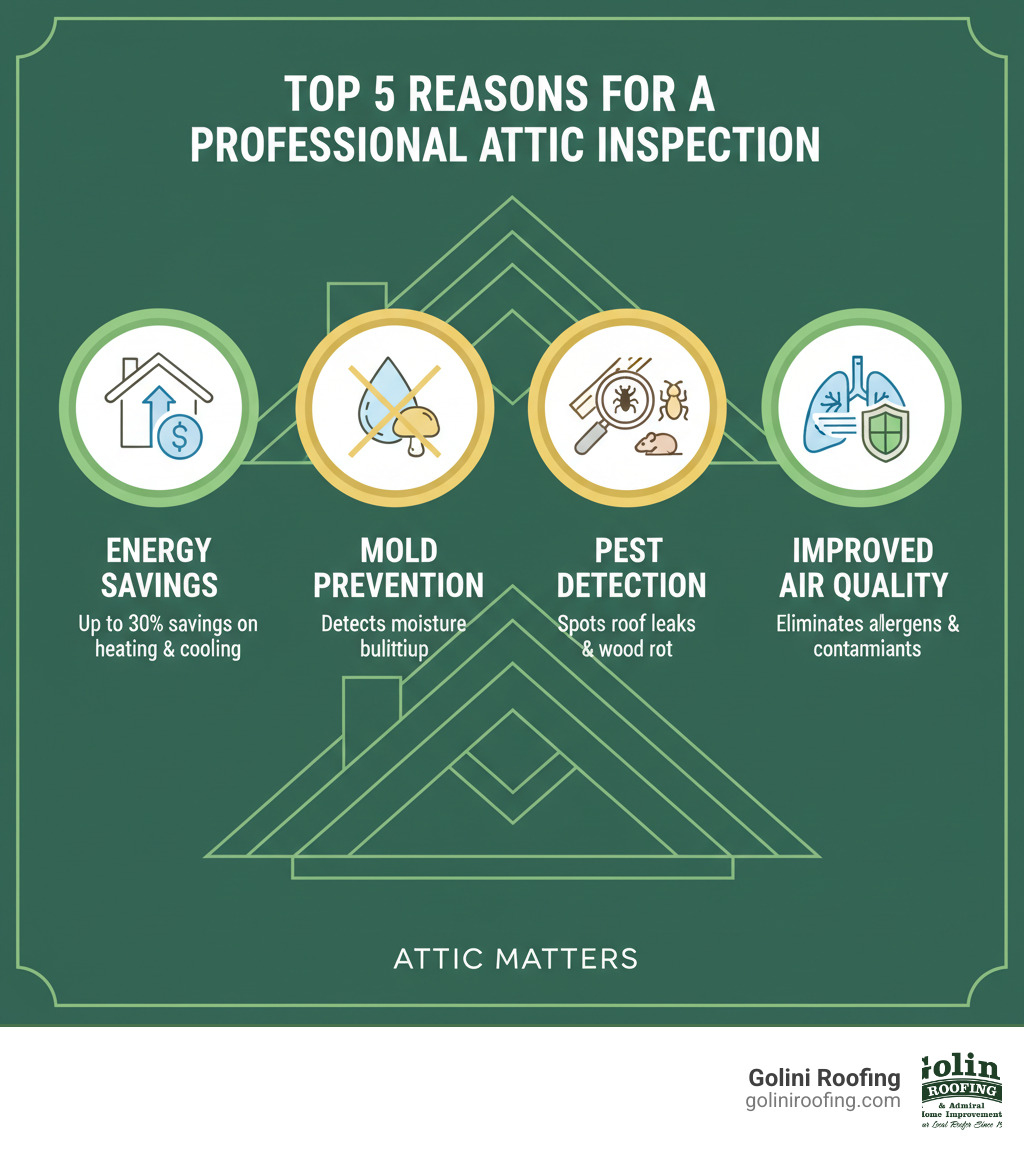 Infographic showing the top 5 reasons for a professional attic inspection: 1. Energy Savings - reducing heating and cooling costs by up to 30% through proper insulation, 2. Mold Prevention - detecting moisture buildup before it causes health issues, 3. Pest Detection - identifying rodent or insect infestations early, 4. Structural Safety - spotting roof leaks and wood rot before major damage occurs, 5. Improved Air Quality - eliminating allergens and contaminants that affect your family's health - attic inspection near me infographic Infographic showing the top 5 reasons for a professional attic inspection: 1. Energy Savings - reducing heating and cooling costs by up to 30% through proper insulation, 2. Mold Prevention - detecting moisture buildup before it causes health issues, 3. Pest Detection - identifying rodent or insect infestations early, 4. Structural Safety - spotting roof leaks and wood rot before major damage occurs, 5. Improved Air Quality - eliminating allergens and contaminants that affect your family's health - attic inspection near me infographic
