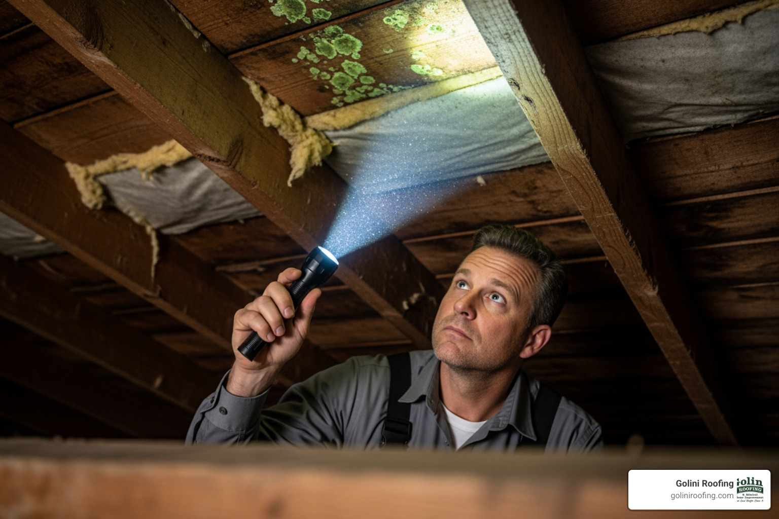 an inspector pointing a flashlight at mold growth on attic rafters - attic inspection near me an inspector pointing a flashlight at mold growth on attic rafters - attic inspection near me