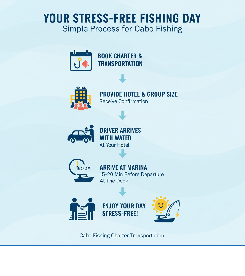 Infographic showing the simple process: Book your fishing charter and transportation, provide hotel details and group size, receive confirmation with pickup time, driver arrives at your hotel with cold water, arrive at marina 15-20 minutes before departure, captain greets you at the dock, and enjoy your fishing day stress-free - Cabo Fishing Charter Transportation infographic Infographic showing the simple process: Book your fishing charter and transportation, provide hotel details and group size, receive confirmation with pickup time, driver arrives at your hotel with cold water, arrive at marina 15-20 minutes before departure, captain greets you at the dock, and enjoy your fishing day stress-free - Cabo Fishing Charter Transportation infographic