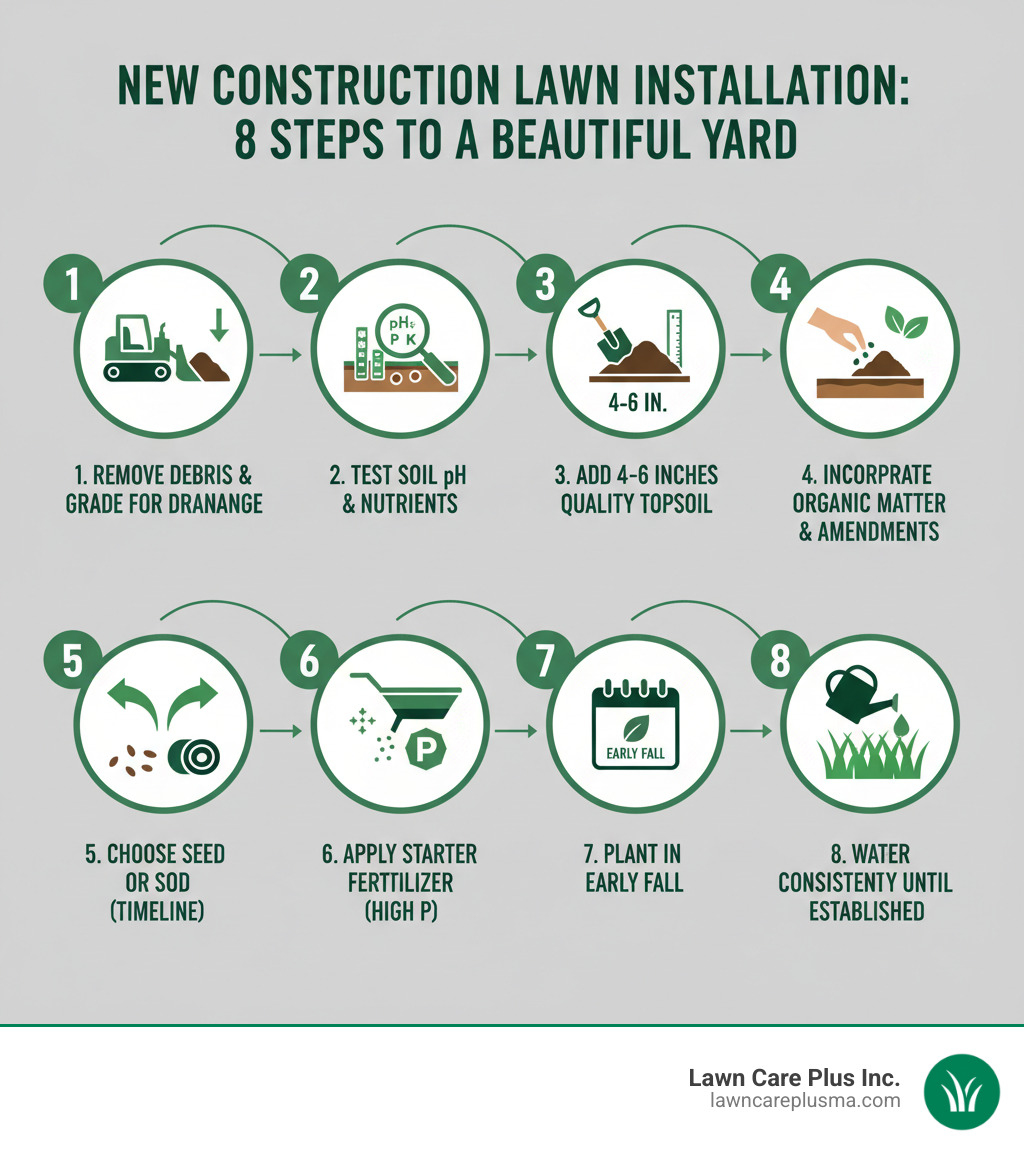 infographic showing the 8 steps of new construction lawn installation: 1. Remove debris and grade for drainage, 2. Test soil pH and nutrients, 3. Add 4-6 inches quality topsoil, 4. Incorporate organic matter and amendments, 5. Choose seed or sod based on timeline, 6. Apply starter fertilizer high in phosphorus, 7. Plant in early fall for best results, 8. Water consistently until established - new construction lawn installation infographic 