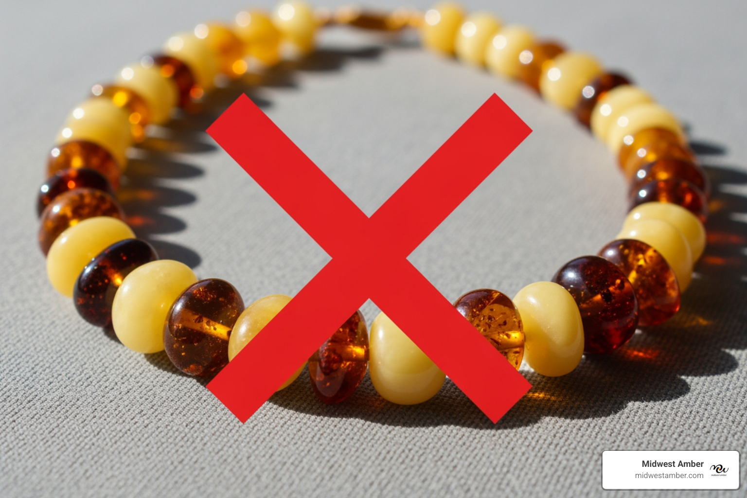 amber necklace with a red X - Amber for babies