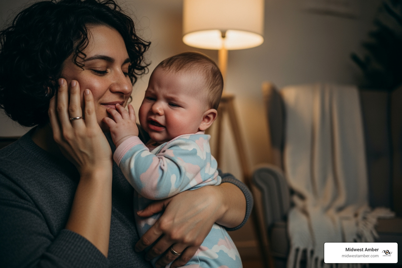 parent comforting teething baby - Amber for babies