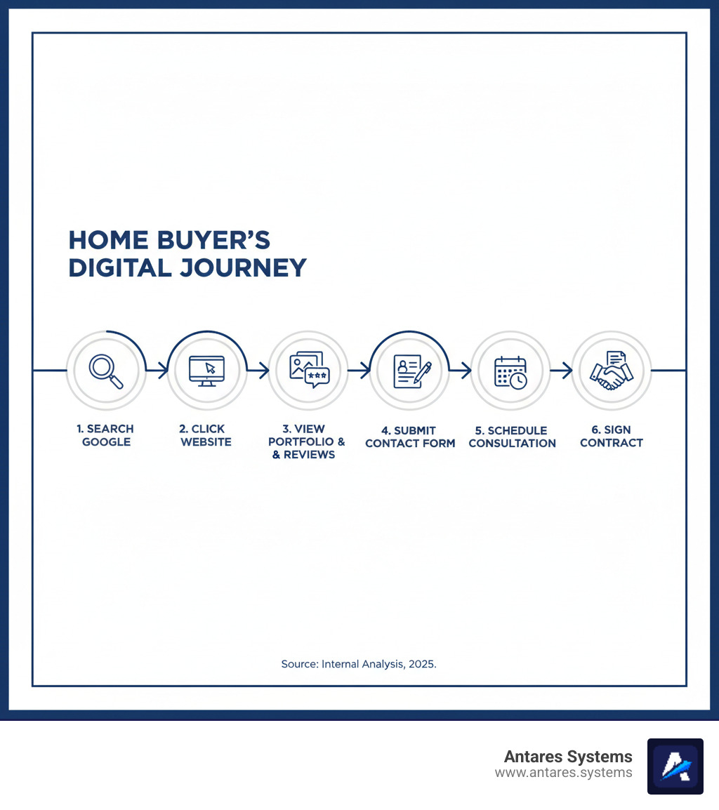 infographic showing the home buyer's digital journey: search query on Google, click on builder website, view portfolio and reviews, submit contact form, schedule consultation, sign contract - SEO for home builders infographic 