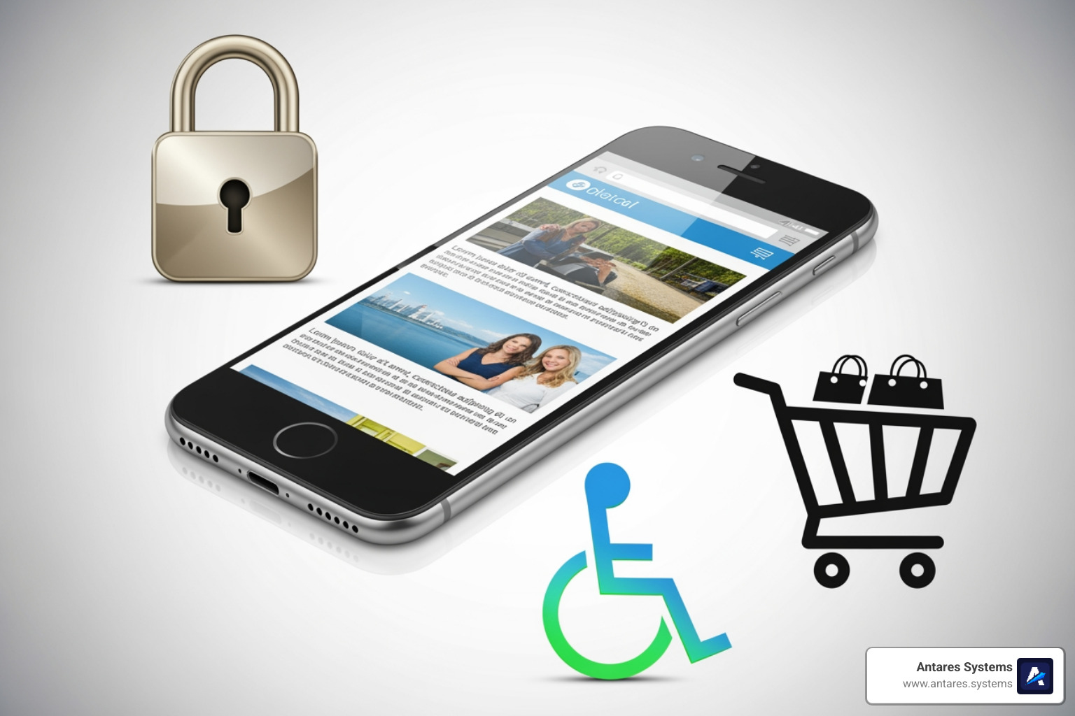 Collage of mobile site, secure lock icon, e-commerce cart, and accessibility symbol - wordpress web design austin Collage of mobile site, secure lock icon, e-commerce cart, and accessibility symbol - wordpress web design austin