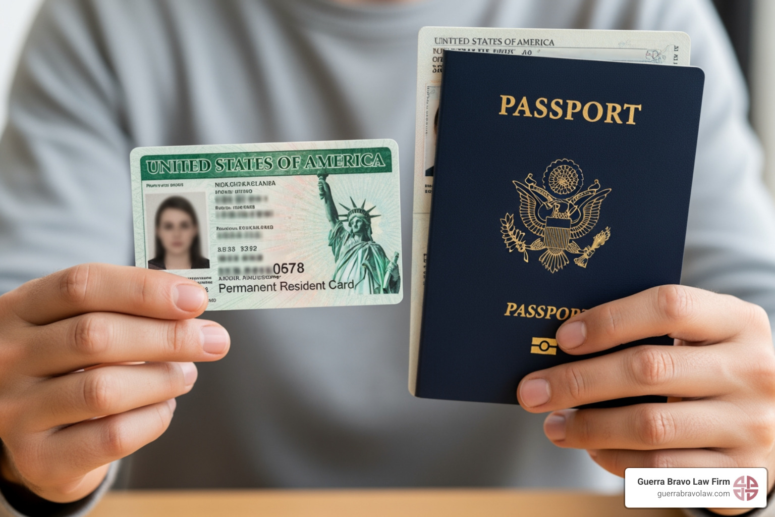 person holding a Green Card and a U.S. passport - Ajuste de estatus person holding a Green Card and a U.S. passport - Ajuste de estatus