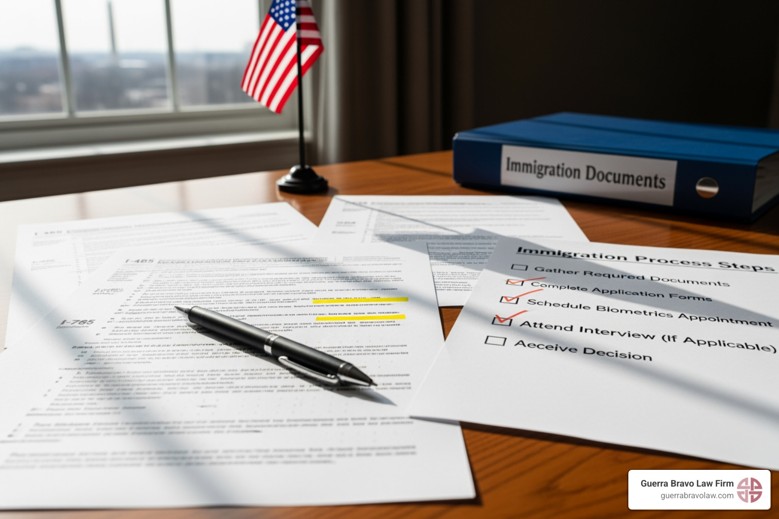 checklist with immigration-related items like "File I-485" and "Biometrics" - Ajuste de estatus checklist with immigration-related items like "File I-485" and "Biometrics" - Ajuste de estatus