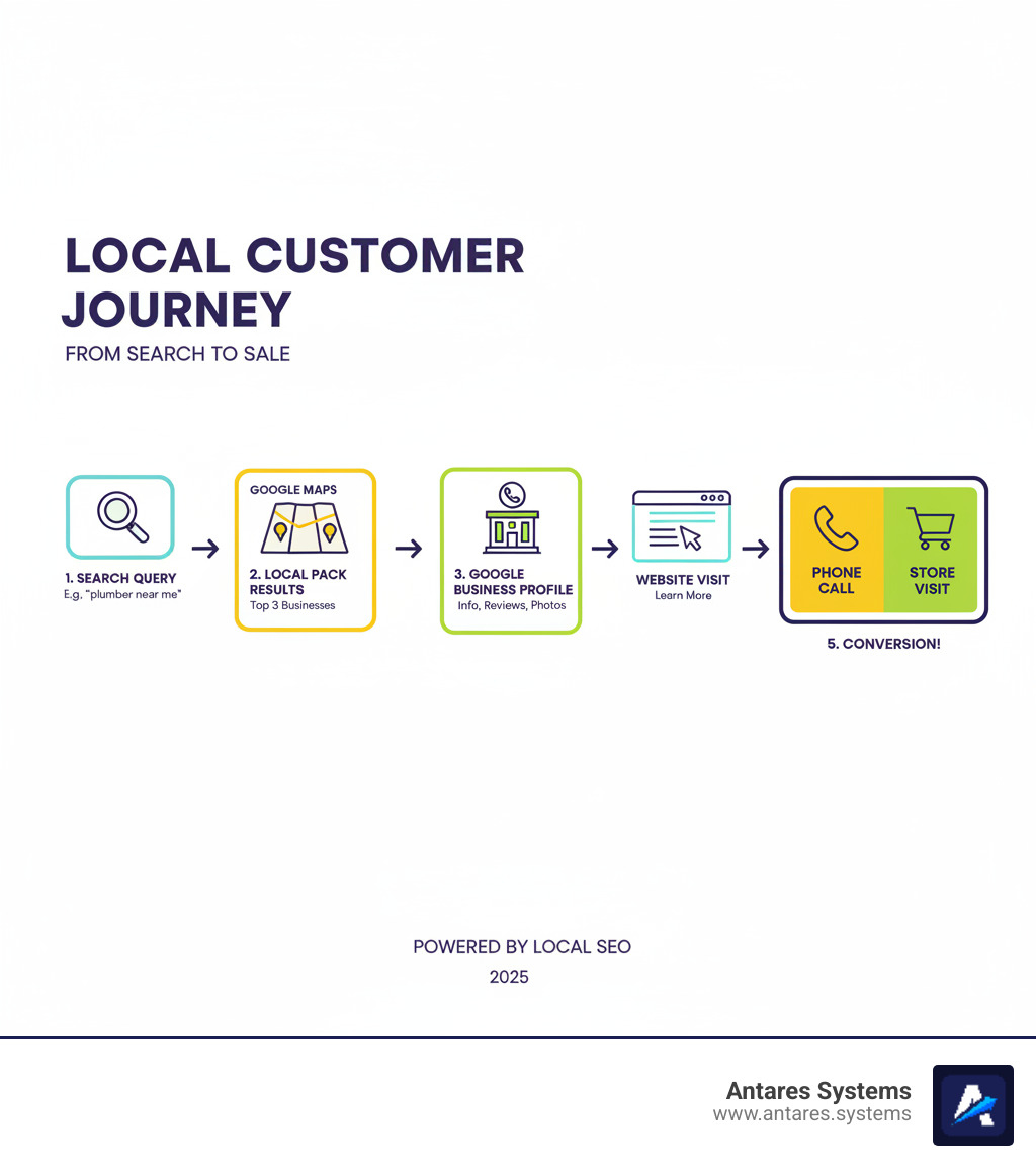 infographic showing the customer journey from Google search to phone call or store visit, with steps including search query, local pack results, Google Business Profile, website visit, and conversion - seo service for small business infographic infographic showing the customer journey from Google search to phone call or store visit, with steps including search query, local pack results, Google Business Profile, website visit, and conversion - seo service for small business infographic