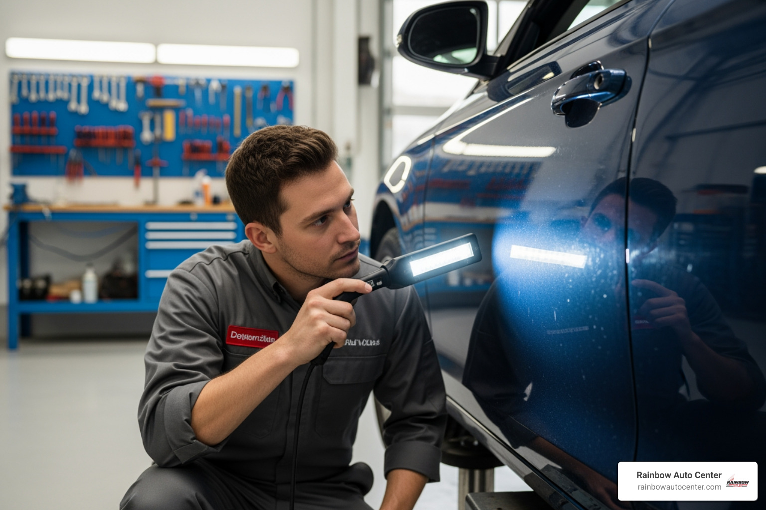 technician inspecting car door for minor dents - door repair hayward