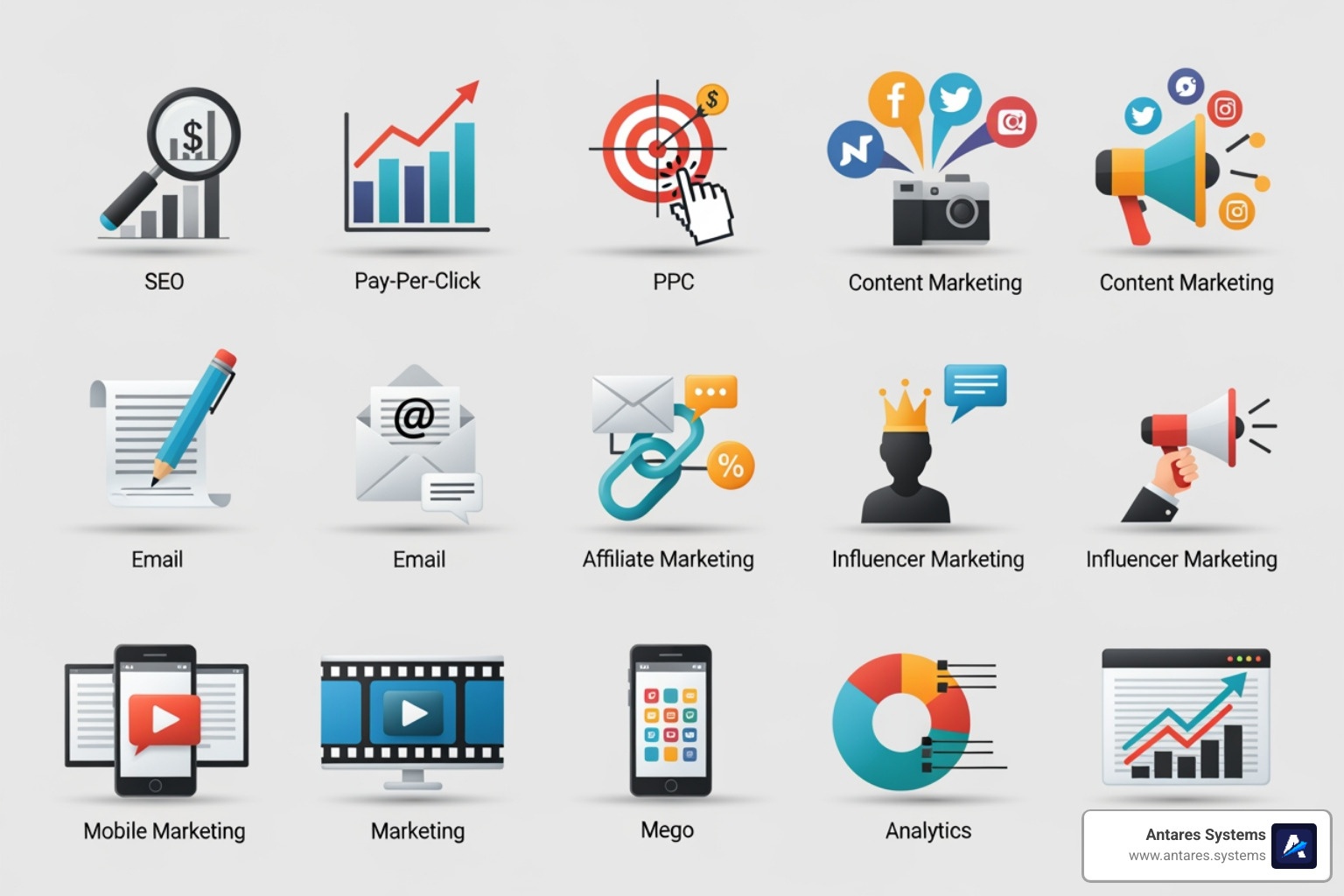 Icons representing different marketing channels (SEO, PPC, Social Media, etc.) - online marketing strategy
