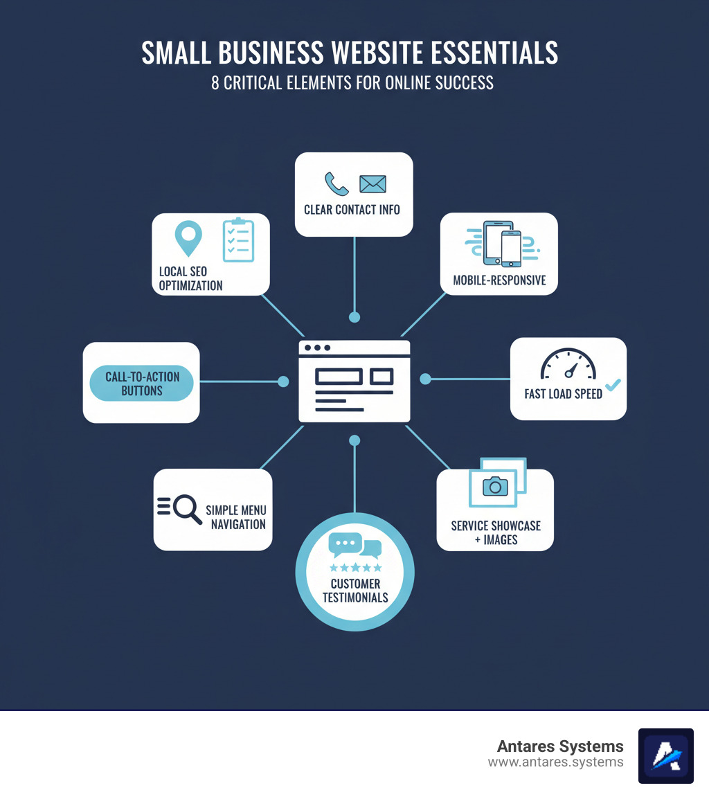 Infographic showing the 8 essential elements of effective small business websites: clear contact information at top, mobile-responsive layout, fast load speed metrics, service showcase with images, testimonial section, simple menu navigation, prominent call-to-action buttons, and local SEO optimization checklist - Small business websites infographic 