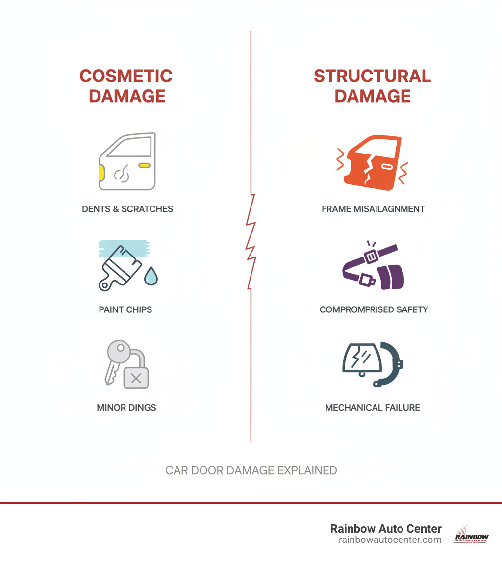 infographic showing the difference between cosmetic door damage like dents and scratches versus structural damage including frame misalignment and compromised safety features - door repair hayward infographic 
