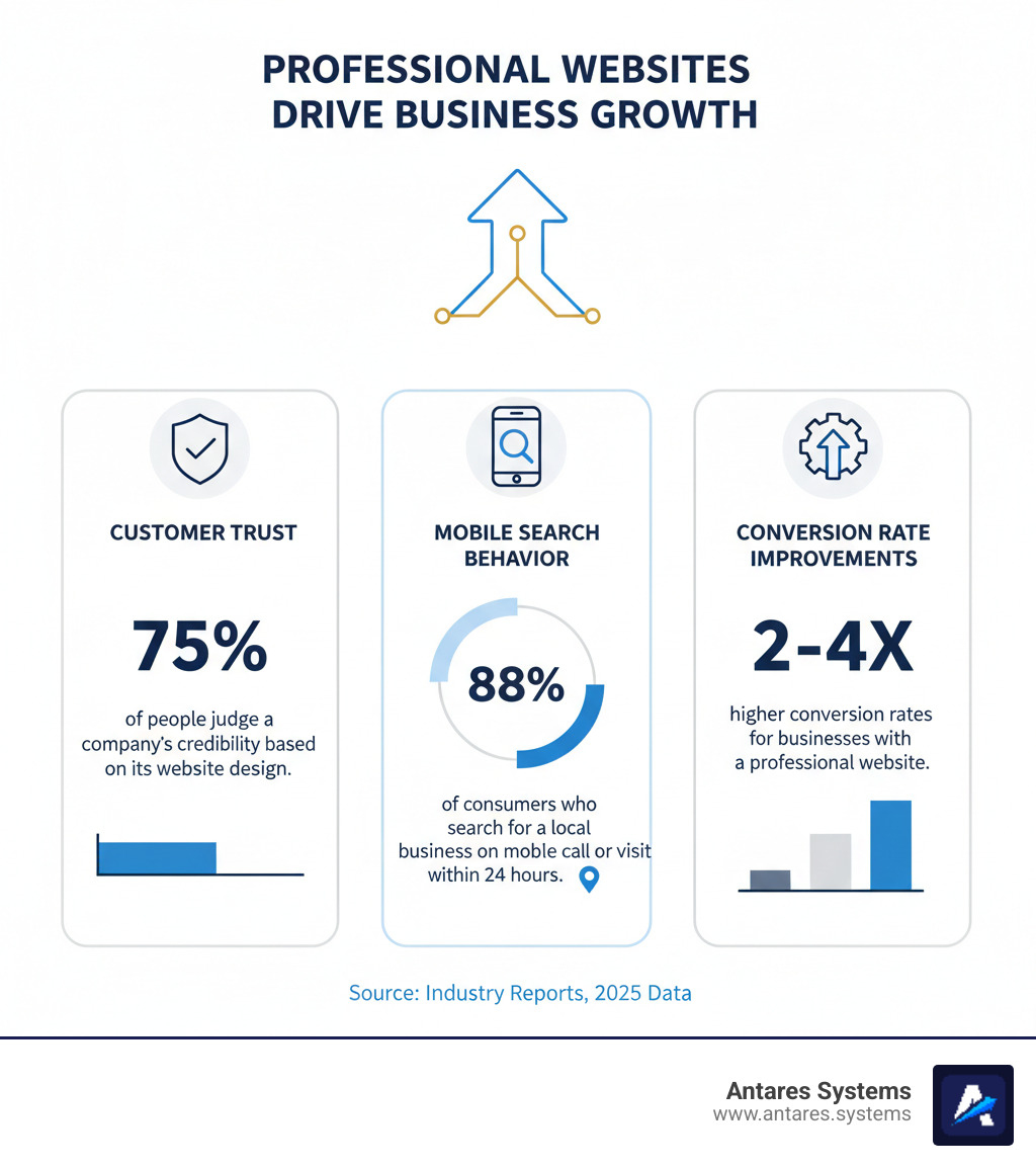 infographic showing how professional websites drive business growth with statistics on customer trust percentages, mobile search behavior, and conversion rate improvements for local businesses - low cost web design company infographic 