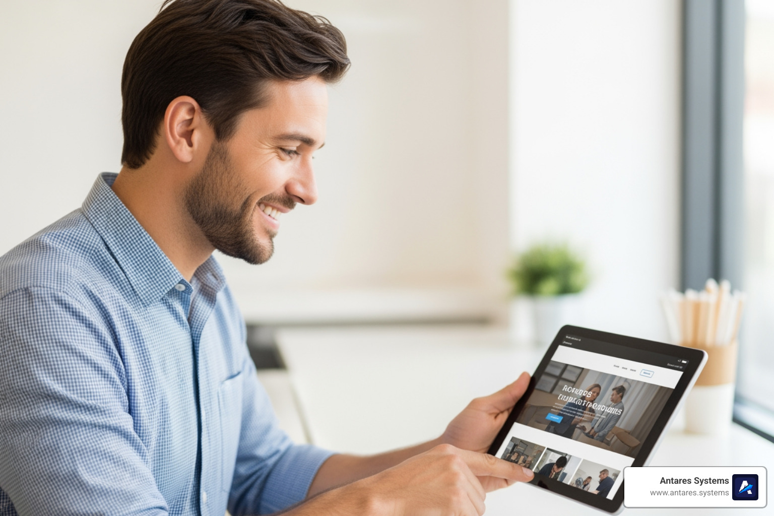 of a small business owner smiling while looking at their new, professional website on a tablet - low cost web design company