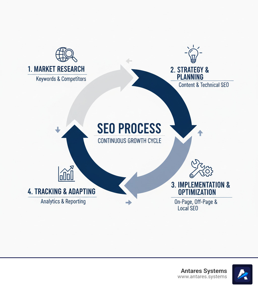 infographic illustrating the SEO process from market research to tracking and adapting, showing a cyclical flow of activities - search engine optimization agency infographic 