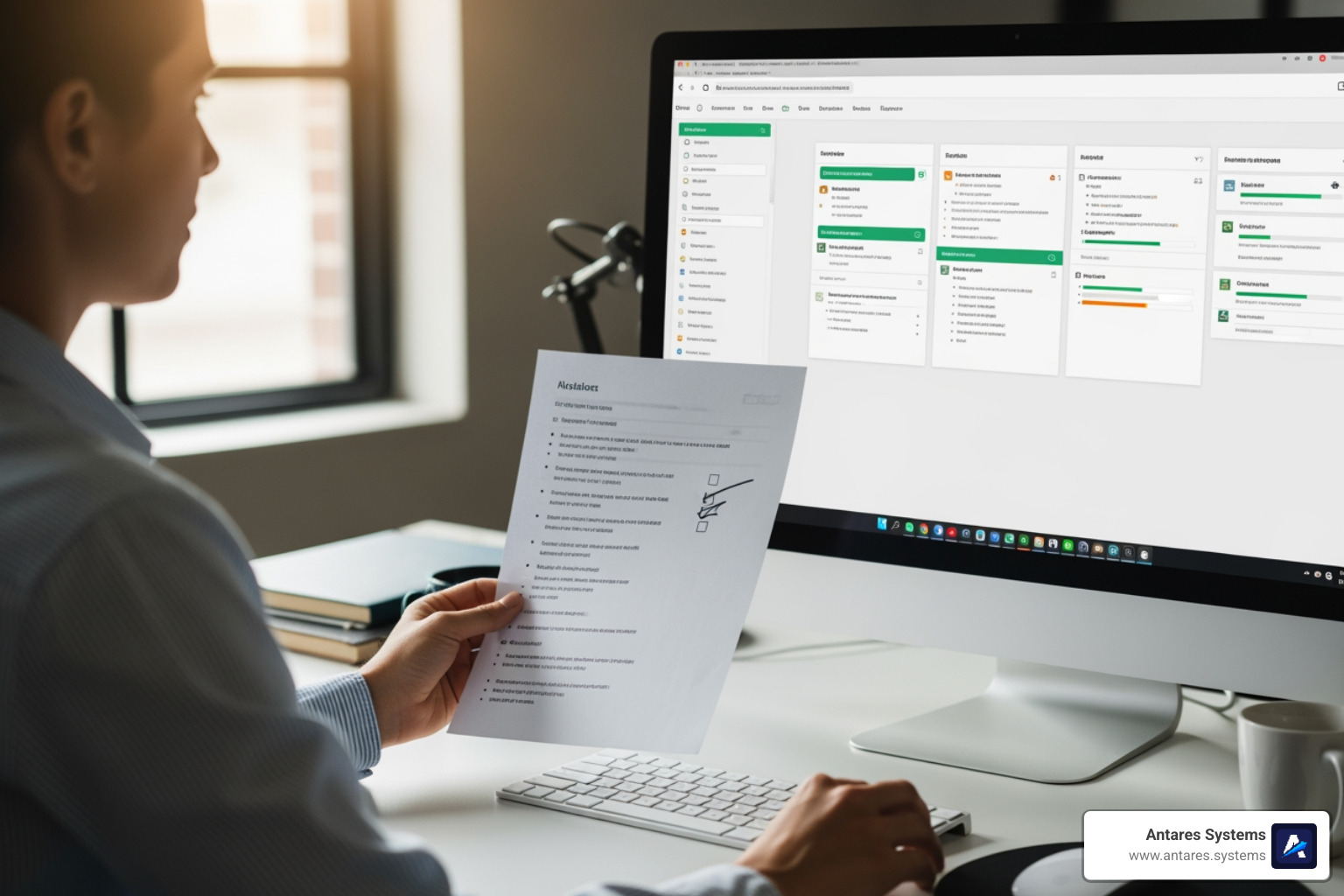 of a person reviewing a checklist while looking at a computer screen - low cost web design company