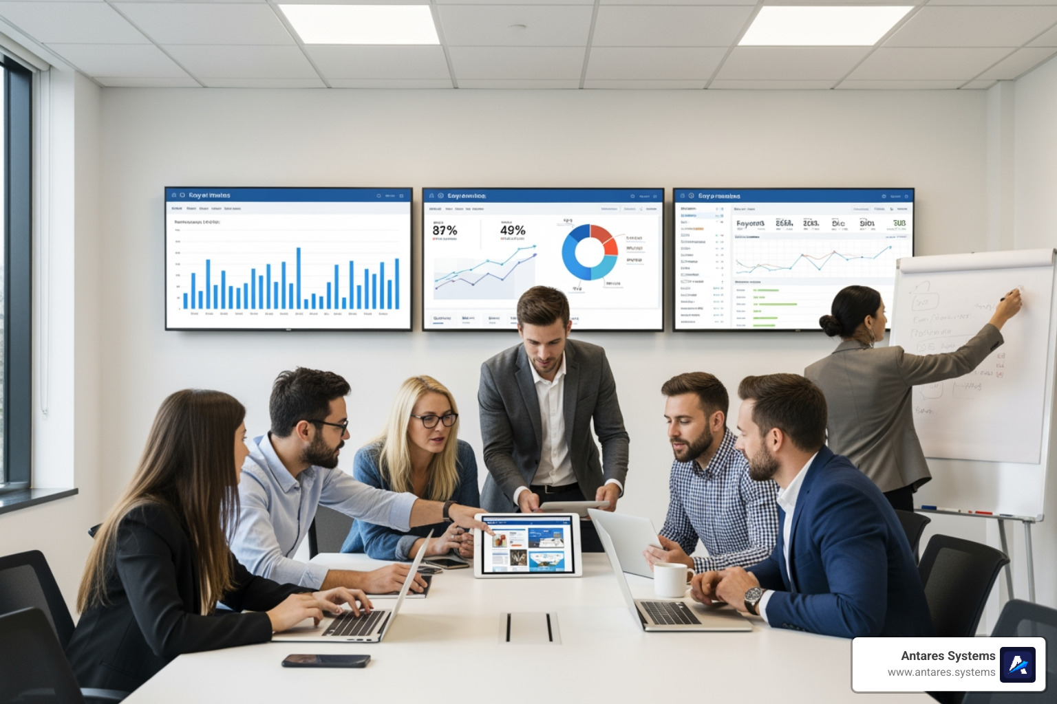 image of a diverse team of digital marketing professionals collaborating on a strategy, with charts and graphs in the background - search engine optimization agency