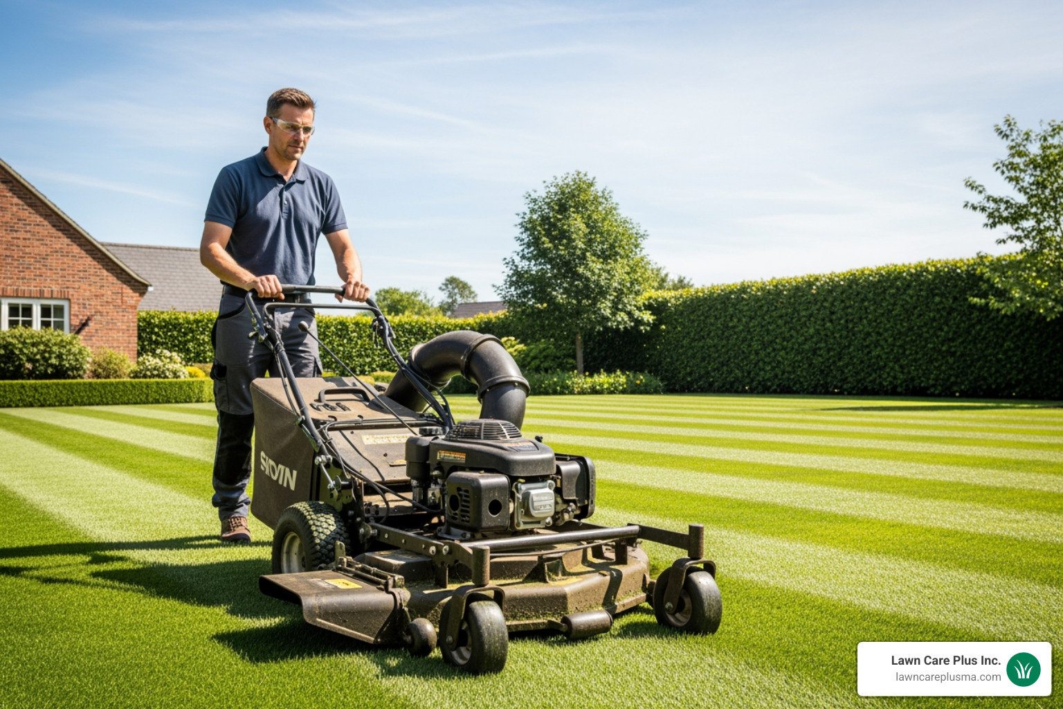 professional landscaper mowing a pristine lawn - Landscaping Services