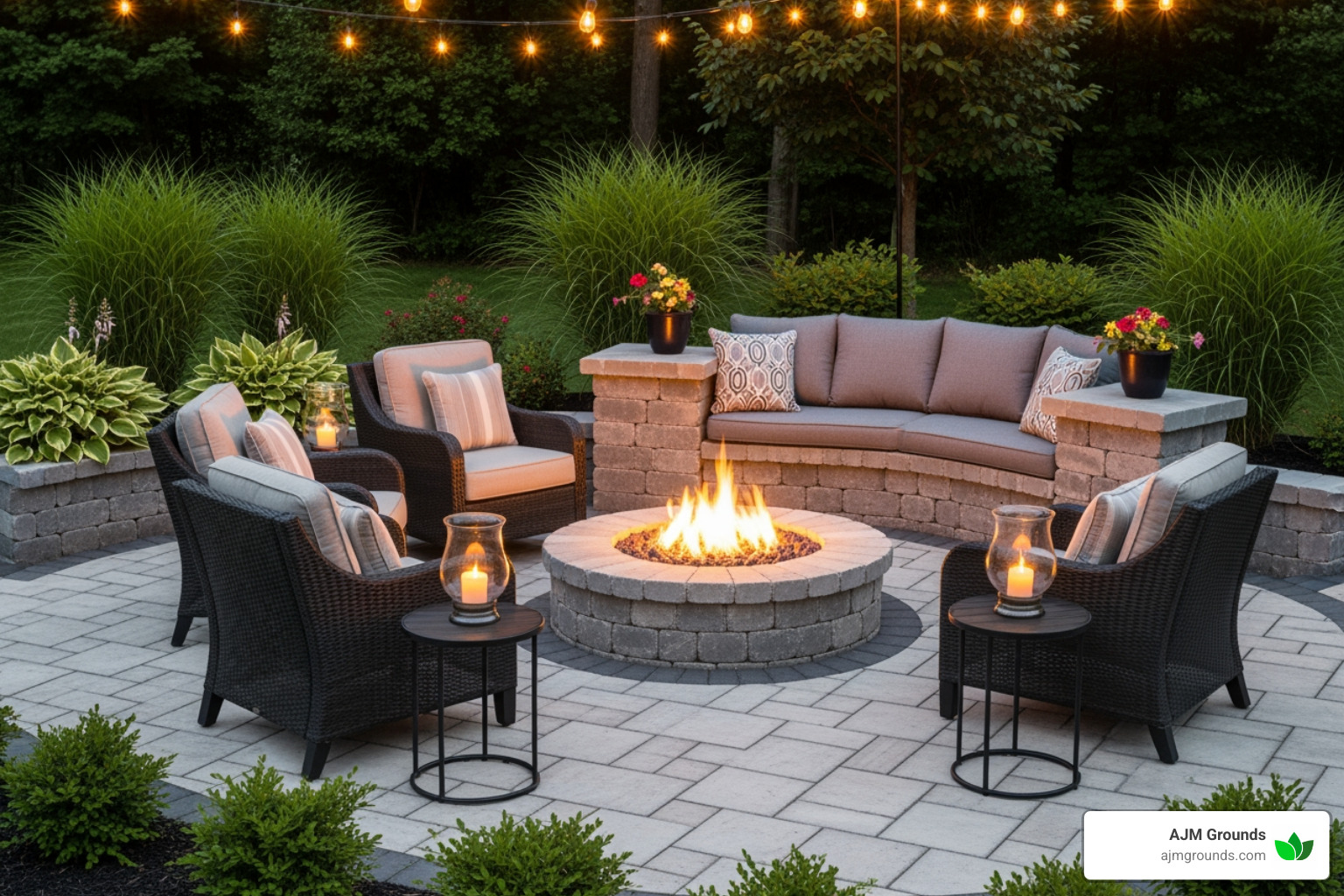 Custom patio with integrated fire pit and seating wall - custom patio installation Custom patio with integrated fire pit and seating wall - custom patio installation