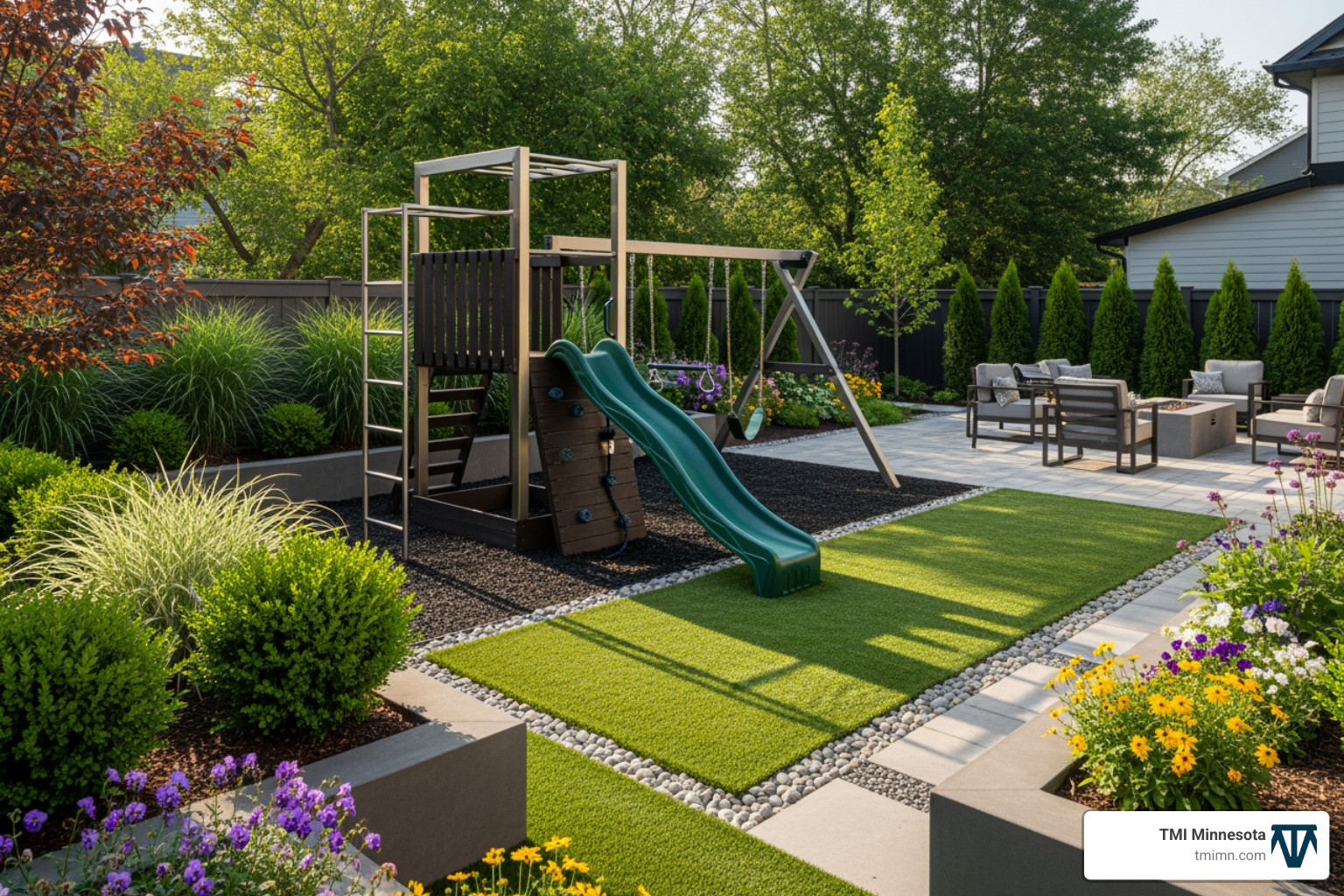 backyard with a modern playset and a designated area with durable turf for pets - backyard improvement ideas