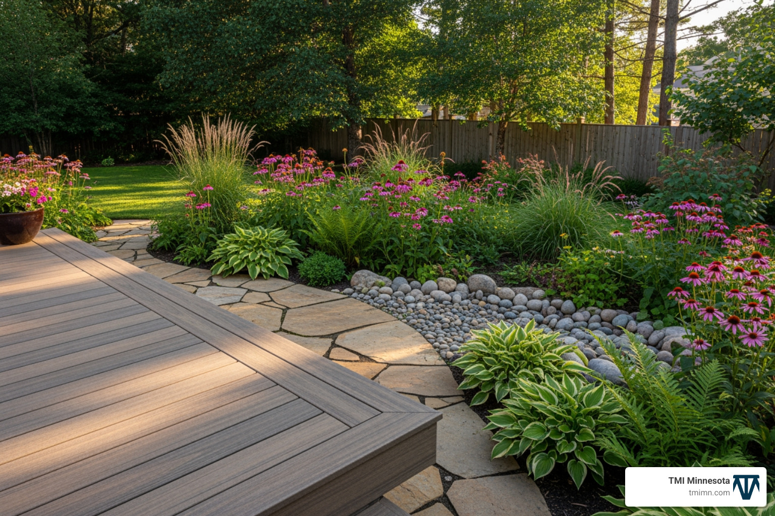 durable composite deck overlooking a yard with native plants and stone pavers - backyard improvement ideas
