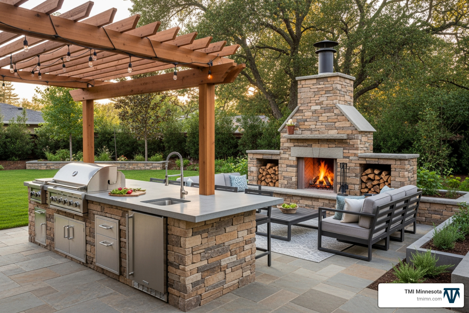 modern outdoor kitchen next to a stone fireplace - backyard improvement ideas
