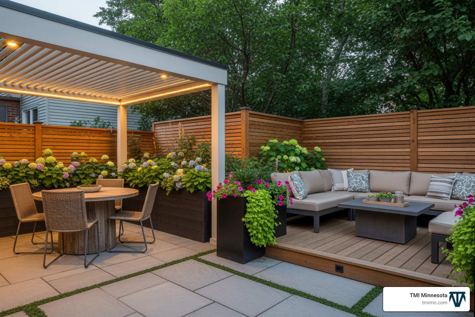small backyard cleverly divided into a dining area and a seating area using planters and a custom pergola - backyard improvement ideas