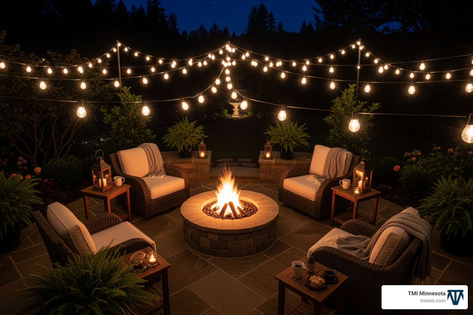 cozy patio at night with string lights and a custom-built fire pit - backyard improvement ideas