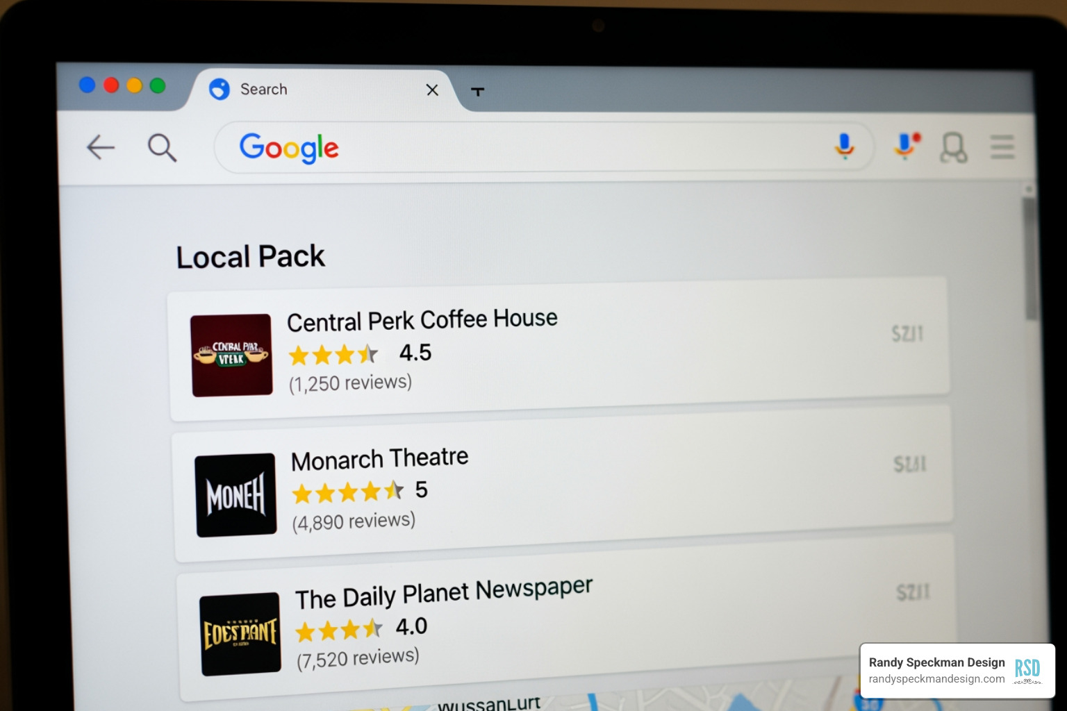 Local search pack showing businesses with star ratings - get more reviews pricing