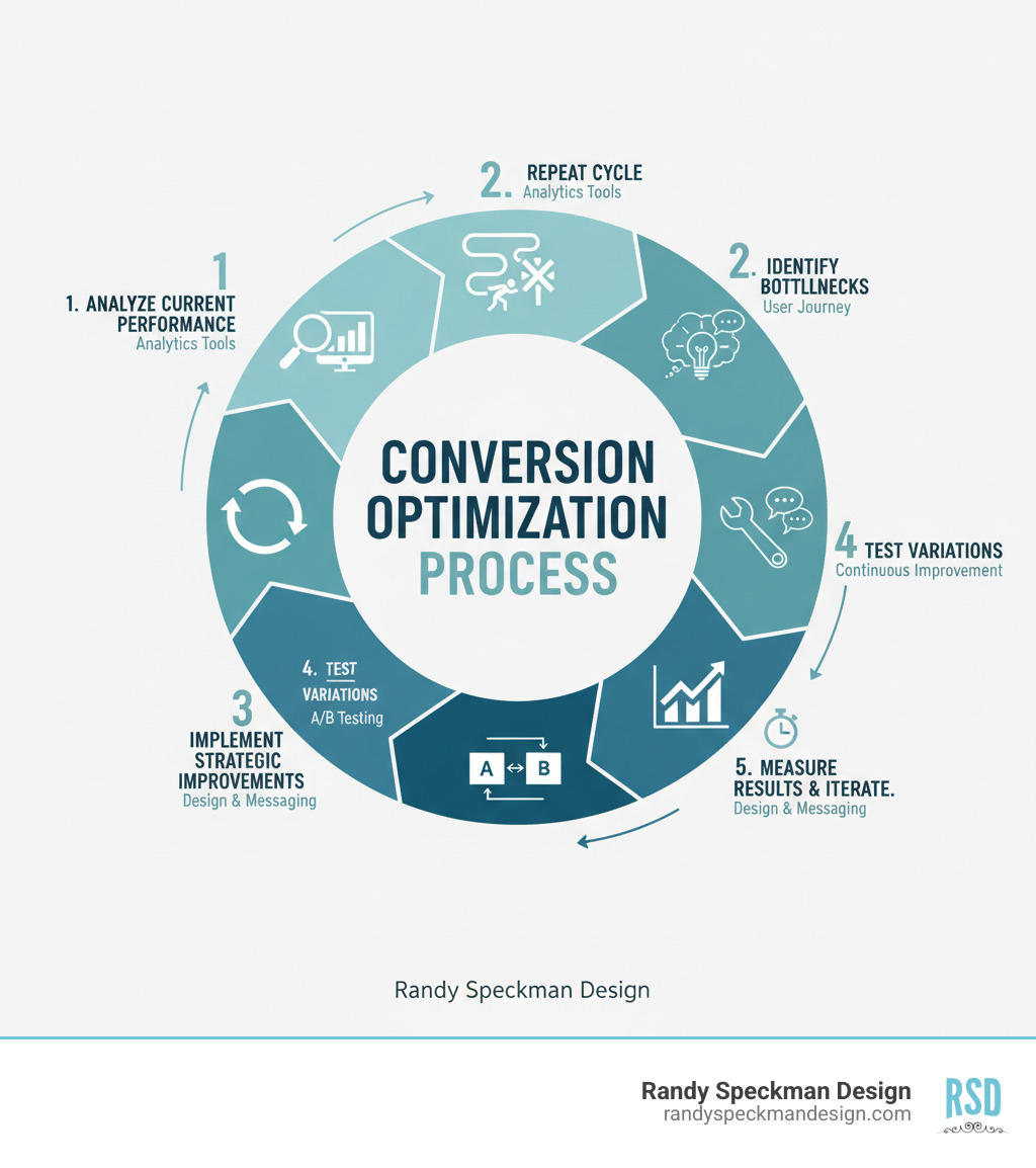 infographic showing the conversion optimization process: analyze current performance with analytics tools, identify bottlenecks in the user journey, implement strategic improvements to design and messaging, test variations through A/B testing, measure results and iterate, and repeat the cycle for continuous improvement - how to optimize your website for conversion infographic 