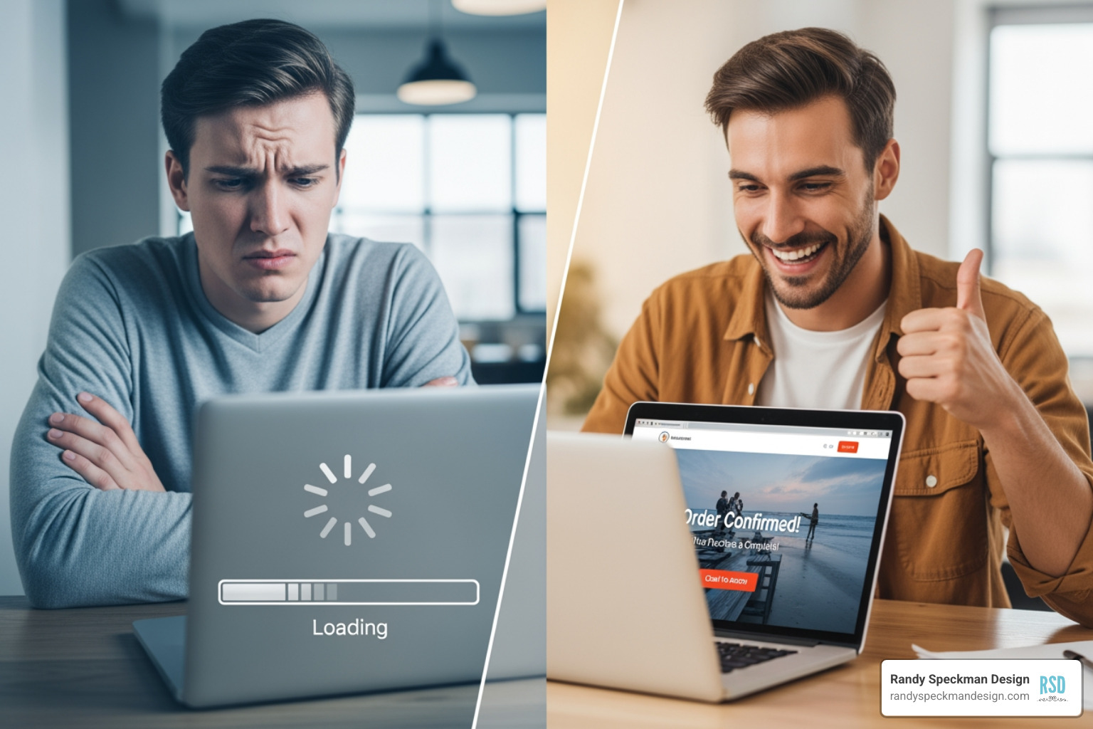 Comparing an unoptimized, heavy webpage to a clean, fast-loading optimized version - how does website speed optimization influence conversions Comparing an unoptimized, heavy webpage to a clean, fast-loading optimized version - how does website speed optimization influence conversions