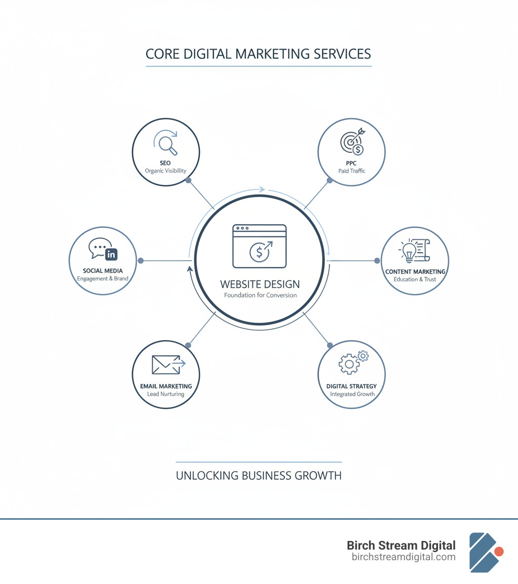 infographic showing the core digital marketing services: SEO for organic visibility, PPC for paid traffic, Social Media for engagement and brand awareness, Content Marketing for education and trust building, Email Marketing for lead nurturing, and Website Design as the foundation that converts visitors into customers, a digital marketing services infographic 