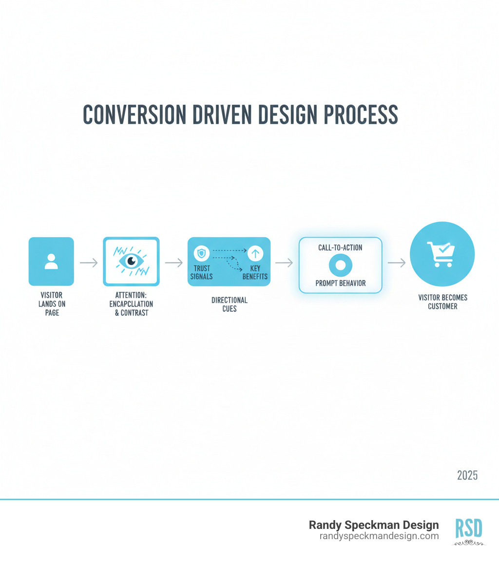 infographic showing the conversion driven design process: visitor lands on page, attention is captured through encapsulation and contrast, directional cues guide eye movement to key benefits and trust signals, clear call-to-action prompts desired behavior, visitor converts into customer - conversion driven design infographic 